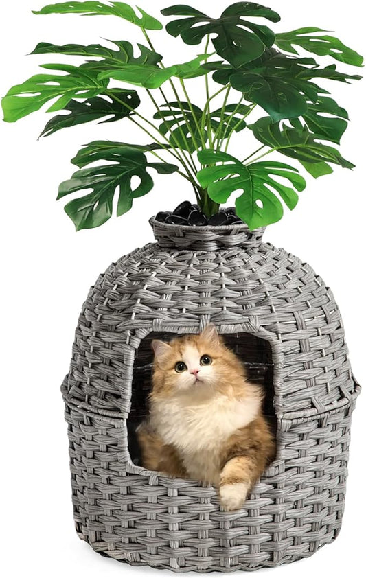 SETVSON Cat Litter Box Plant Enclosure, Hidden Handwoven Rattan with Cat Litter Box Furniture and Artificial Plants, Odor Control Filter, Real Stones in Living Room, Bedroom, Corner (Gray)