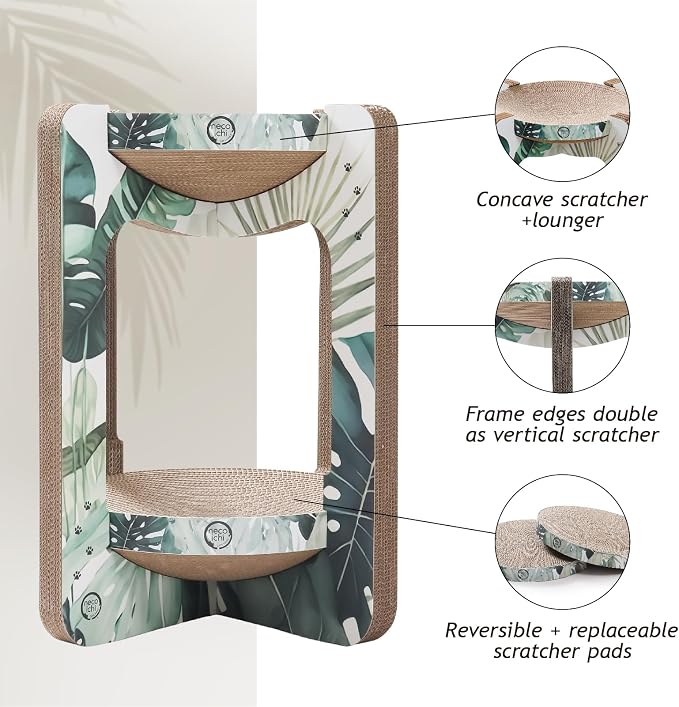 Necoichi Cat Scratcher Tower for Indoor Cats - Cat Scratching Post Lounger with Reversible Usability and Extra Comfort for Lounge, Cardboard Bed Couch / (Regular, Oak)