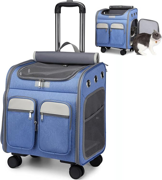 Pet Travel Carrier with Removable Rolling Wheels, Cat Rolling Carrier Backpack Pet Stroller Luggage Bag for Dogs Cats Puppy,Mesh Ventilation Windows, 2 Storage Pockets,Telescopic Handle