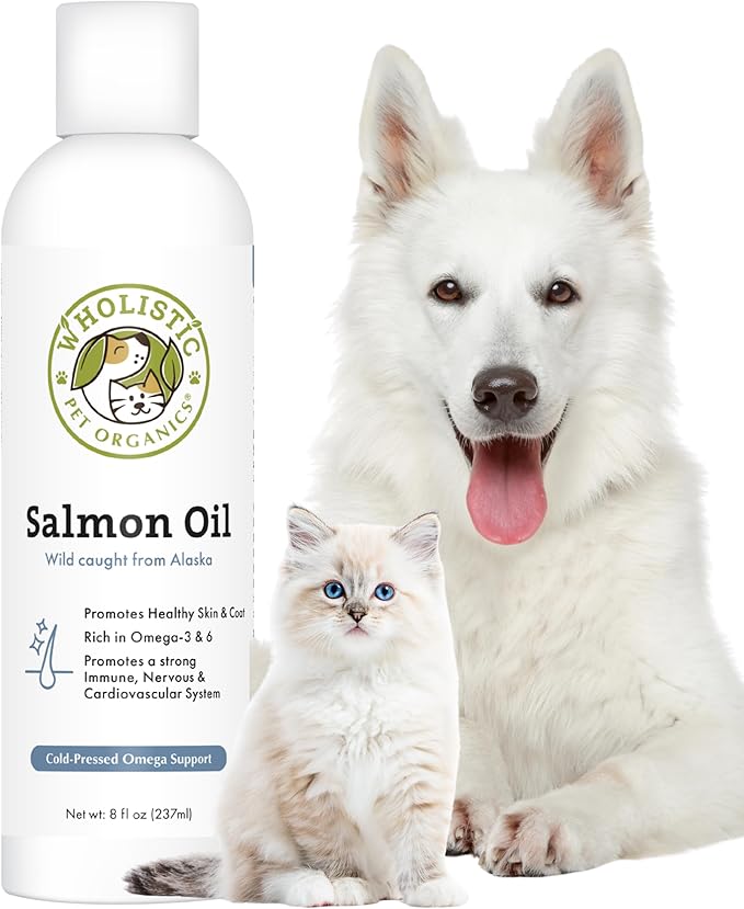 Wholistic Pet Organics Wild Alaskan Salmon Oil for Dogs and Cats - Omega 3 Fish Oil for Dogs & Cats - Cat & Dog Skin and Coat Supplement for Heart, Joints - DHA, EPA Omega 3 Liquid Food Topper - 8 oz