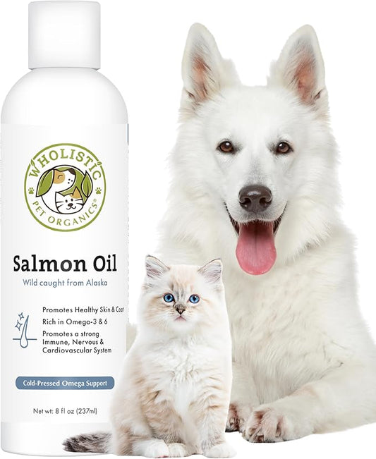 Wholistic Pet Organics Wild Alaskan Salmon Oil for Dogs and Cats - Omega 3 Fish Oil for Dogs & Cats - Cat & Dog Skin and Coat Supplement for Heart, Joints - DHA, EPA Omega 3 Liquid Food Topper - 8 oz