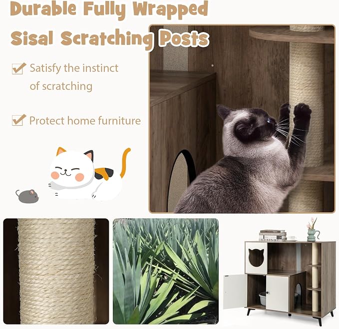 Tangkula Cat Litter Box Enclosure, 5-in-1 Enlarged Hidden Litter Box Furniture with Cat Condo, 3 Scratching Posts, 5 Metal Support Legs, Cat Washroom, Multi-Layer Cat House for Indoor Cats