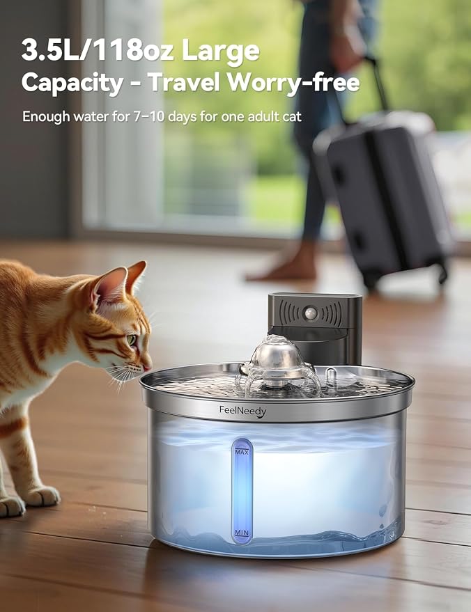 Wireless Cat Water Fountain - Safe Water-Electricity Separation, 3.5L Stainless Steel, XL Filter for Less Replacement, 4000mAh Battery, Motion Sensor & Ultra-Quiet Pump - FEELNEEDY