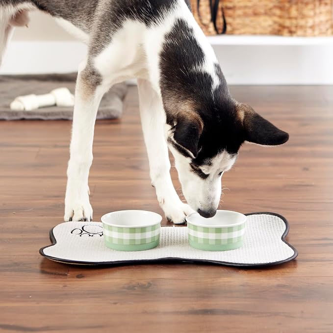 Bone Dry Ceramic Food Bowls, Non-Slip & Dishwasher Safe, Small Set, 4.25x2 Desert Sage Check