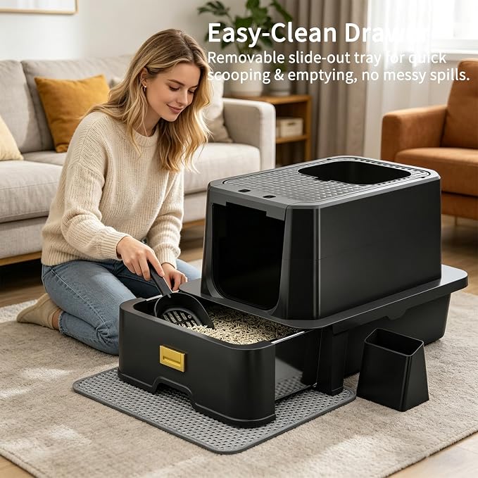 RIZZARI Stainless Steel Cat Litter Box with Lid – Enclosed Metal Litter Box Furniture Style, High Sided Leakproof with Pull-Out Drawer, Odor Control Spray & Top Entry Design for Large Cats
