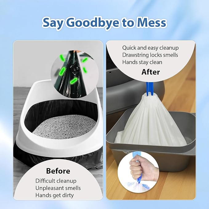 60 Count Drawstring Cat Litter Bags Compatible with MeoWant MW-SC02/MW-SC01/MW-LR01,Thick Automatic & Self Cleaning Cat Litter Box Liners,Tear-Resistant Trash Bags,Heavy Duty,Leak-Proof