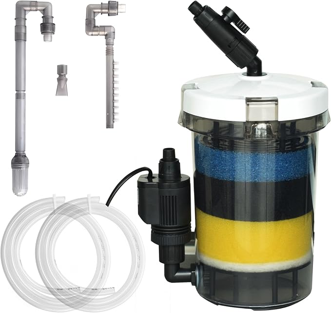 105GPH Canister Filter, External Aquarium Filter Ultra-Quiet Water Circulation Cleaning Machine with Water Pump, 4 Layer Filtration for Fish Tanks and Aquariums Up to 75 Gallons