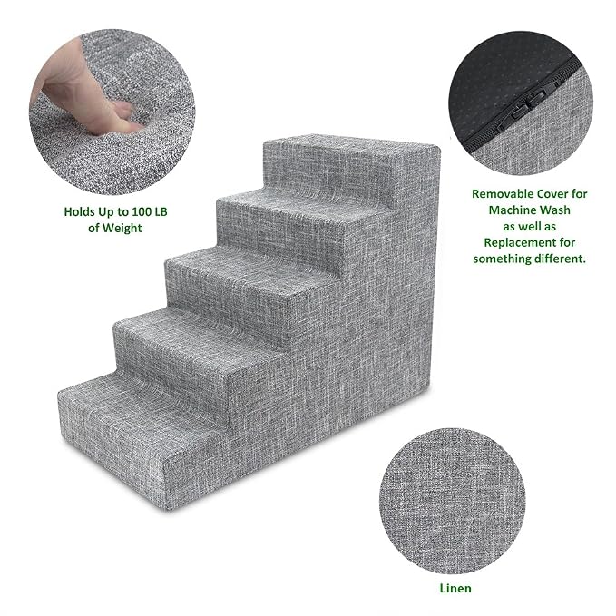 Best Pet Supplies Dog Stairs for Small Dogs & Cats, Foam Pet Steps Portable Ramp for Couch Sofa and High Bed Non-Slip Balanced Indoor Step Support, Paw Safe No Assembly - Ash Gray Linen, 5-Step