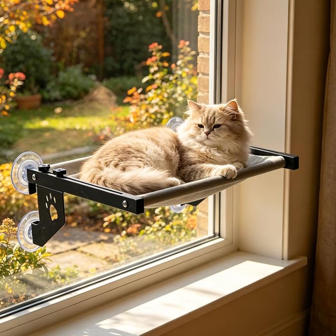 2‑in‑1 Cat Window Perch,Suction Cup & Hook‑On Windowsill Mounted Pet Perch, Sturdy Hammock with Metal Frame for Large Cats, Easy to Adjust Cat Bed for Windowsill, Bedside, Drawer and Cabinet
