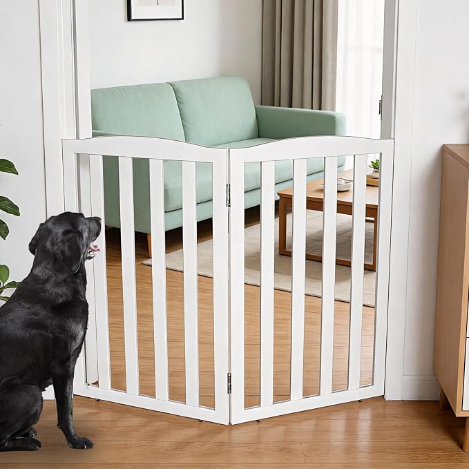 Freestanding Dog Gate Indoor,Doggie Gate Foldable Pet Gates for Doorways,Stairs or Hallways, Wooden White Pet Gate for the House, Pet Fence,32 "Height-2 Panels