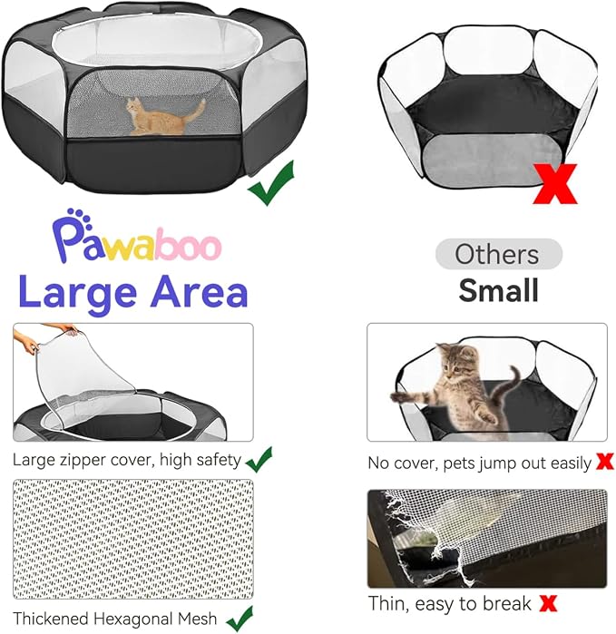Pawaboo Small Animals Playpen, Portable Chicken Coop Run Large Chick Brooder with Zipper Splicing, Pop Up Pet Enclosure Cat Tent for Guinea Pig Bunny Puppy Indoor Outdoor, Black