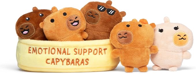 Emotional Support Capybaras by Relatable - PAL Award 2025 Winner, Cuddly Stuffed Animals and Plushies Set, Great Gift for Loved Ones of All Ages - Includes 5 Capybara Plush Toys with Carrying Basket