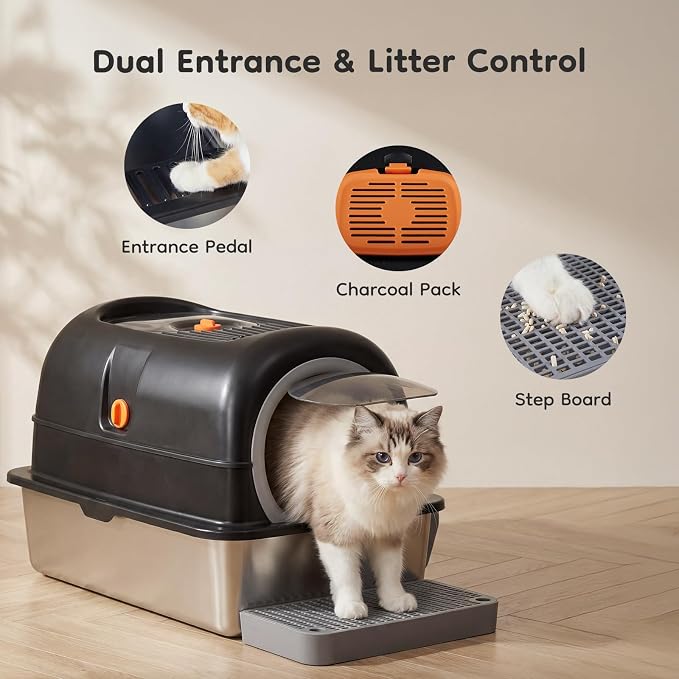 OLIXIS Stainless Steel Litter Box with Lid, Extra Large Enclosed Cat Litter Pan for Big Cats, High Sided Cat Box with Scoop & Mat, Front & Top Entry, Easy Cleaning, Black