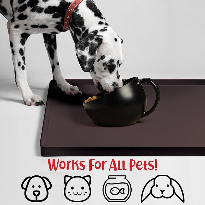 DogBuddy Dog Food Mat – Waterproof Dog Bowl Mat for Food and Water, Silicone Pet Feeding Mats for Floors, Non-Slip Placemat with High Edges for Dogs Bowls, Puppy Essentials (XL: 28" x 18", Coffee)