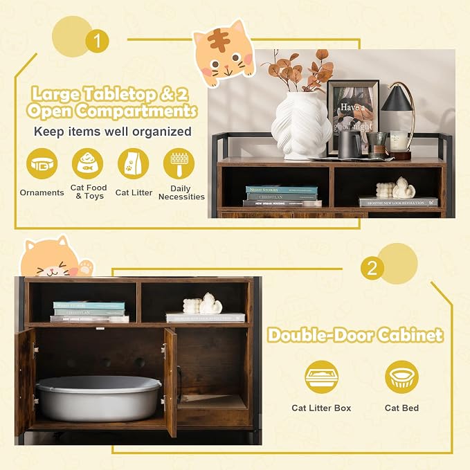 Tangkula Litter Box Enclosure, Cat Litter Box Furniture Hidden w/Metal Frame, Scratching Board, Storage Compartment, Wooden Cat Washroom, Indoor Cat House Side Table, Cat Box Cabinet (Rustic Brown)