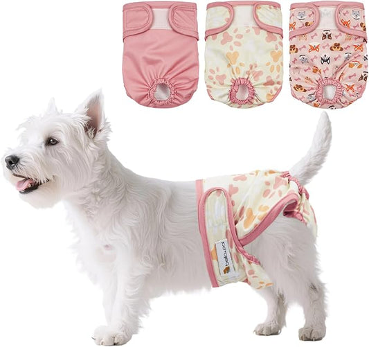 BELLA & PAL Washable Dog Diapers Female, 3 Pack Highly Absorbent Dog Diaper, Leak-Proof Diaper for Dog Female in Heat, Period, Incontinence, Excitement Pee (Pink Delight, XS (7-10" Waist))