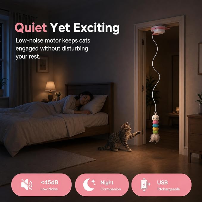 Interactive Cat Toys for Indoor Cats,Automatic Hanging Door Cat Teaser Toy with 6 accessories,2 Modes,Auto Pause & USB Rechargeable Electric Cat Chase Toy,Durable Safe for Bored Adult Kitten-Pink