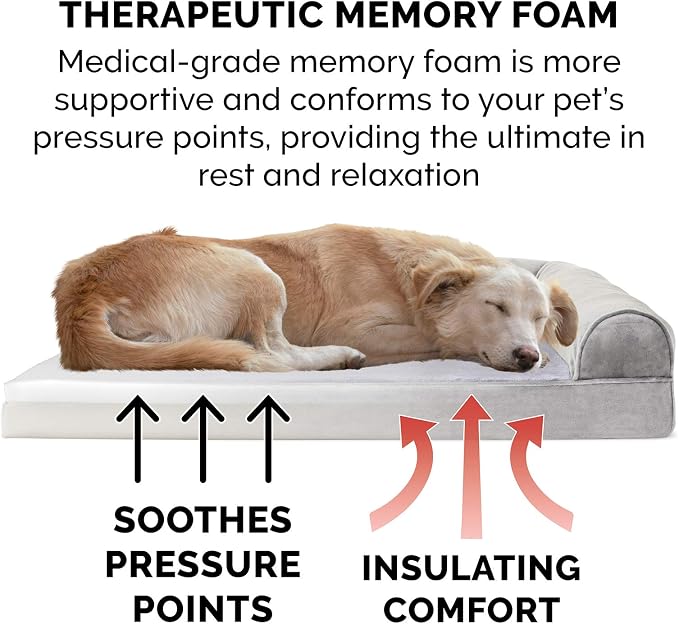 Furhaven Memory Foam Dog Bed for Medium/Small Dogs w/ Removable Bolsters & Washable Cover, For Dogs Up to 35 lbs - Faux Fur & Velvet Sofa - Smoke Gray, Medium