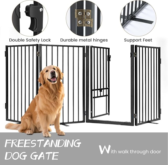 Metal Freestanding Dog Gate with Cat Door for Outdoor Indoor,80" Extra Wide Foldable Pet Fence,30" Tall Dog Gate for Large Opening,Stairs,Hallways,Doorways,Deck,Yard,with 3PCS Support(4 Panels,Black)