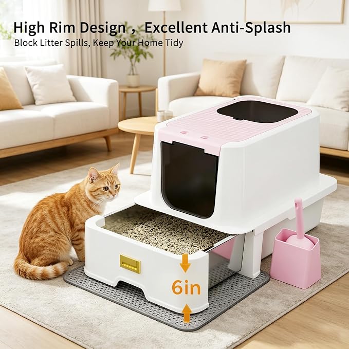 RIZZARI Pink Stainless Steel Cat Litter Box with Lid, Hidden Top Entry Kitty Litter Box with Drawer, Modern Covered Litter Box for Indoor Cats, Large Cats, Apartments & Bedrooms
