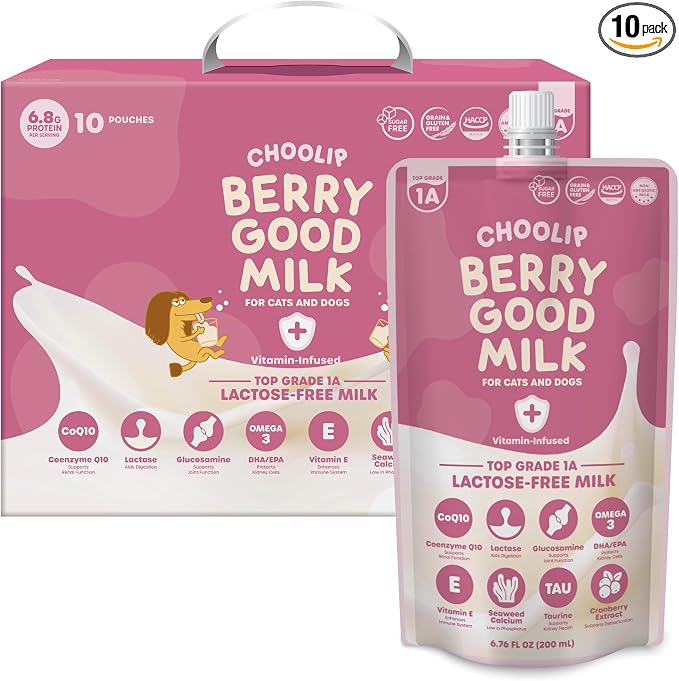 Choolip Berry Good Milk for Cats & Dogs – Lactose-Free Pet Milk Pouches – Vet-Formulated Hydrating Drink with Cranberry, CoQ10, Glucosamine & Omega-3 (200mL x 10 Pouches)