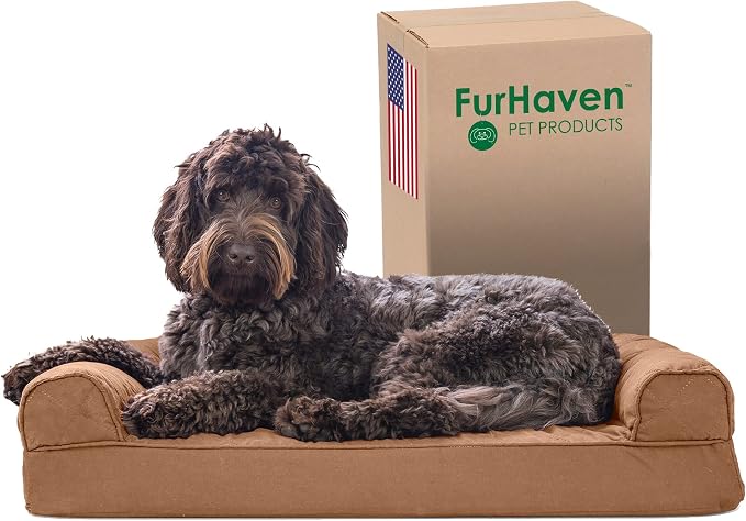 Furhaven Memory Foam Dog Bed for Medium/Small Dogs w/ Removable Bolsters & Washable Cover, For Dogs Up to 35 lbs - Quilted Sofa - Toasted Brown, Medium
