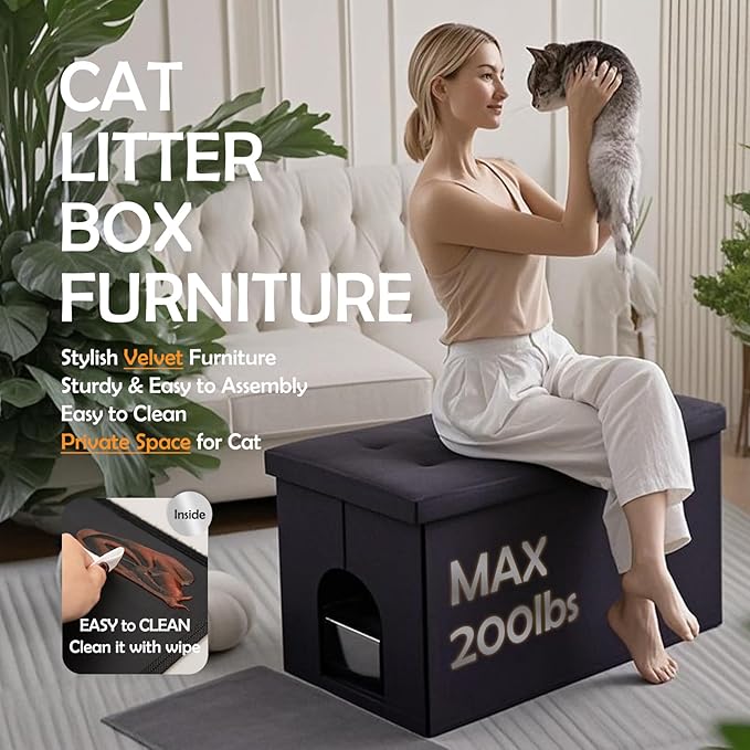 MEEXPAWS Cat Litter Box Enclosure Furniture Hidden Extra Large, Lift Design Lid Velvet Cat Washroom Bench Storage Cabinet | 35.4x19.7x19.7 in | Dog Proof|Urine Proof Inside|Quick Assembly| Easy Clean