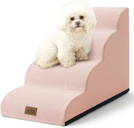 COZY KISS Dog Stairs for Small Dogs 19.7" H, Curved Dog Step for Puppy, Older or Cat, Medium Pet Ramp for Sofa, Couch or Bed, Ladder with High Density Foam, 4 Step, 15.7x28.3x19.7 inch, Pink