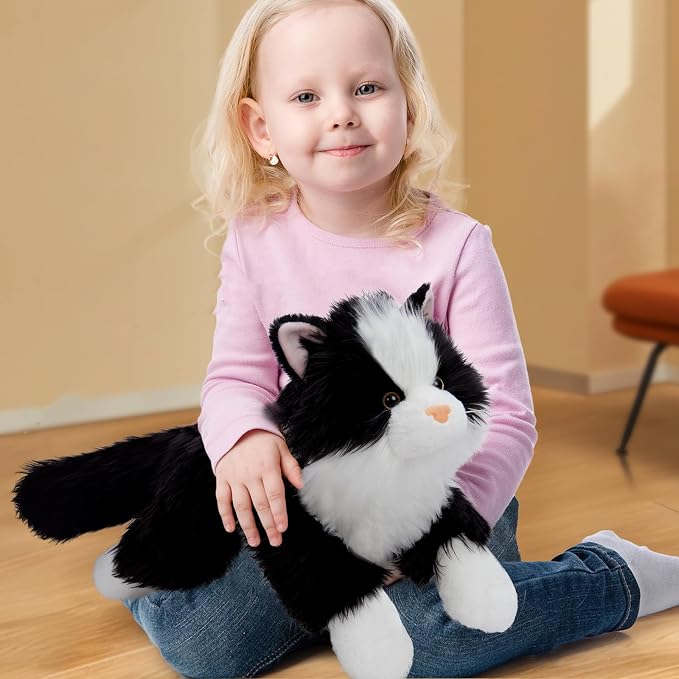 Tezituor 5Pcs Cat Stuffed Animals Set, 20 inch Large Realistic Stuffed Cat with 4 Cute Kittens Baby, Soft Black and White Ragdoll Plush Body Pillow for Boys Girls