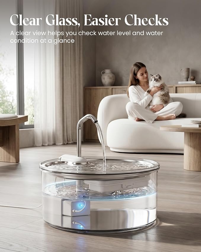 Tomxcute Glass Cat Water Fountain - 108oz/3.2L Ultra-Quiet Cat Fountain for Drinking, Elegant Easy to Clean Glass Pet Water Fountain for Cats, Small Dogs, Multiple Pets, Model Number P11G1