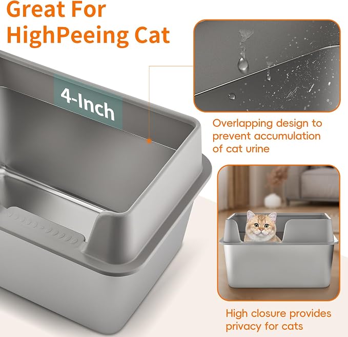 Stainless Steel Cat Litter Box with Lid, High Side Litter Box Enclosure, Enclosed Litter Box for Big and Small Cats (One Size)
