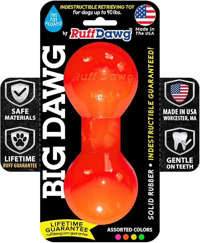 Ruff Dawg Big Dawg Barbell Medium Orange – Heavy-Duty Solid Rubber Dog Chew Toy for Small to Medium Dogs Under 40 lbs – Floats & Bounces – Made in USA
