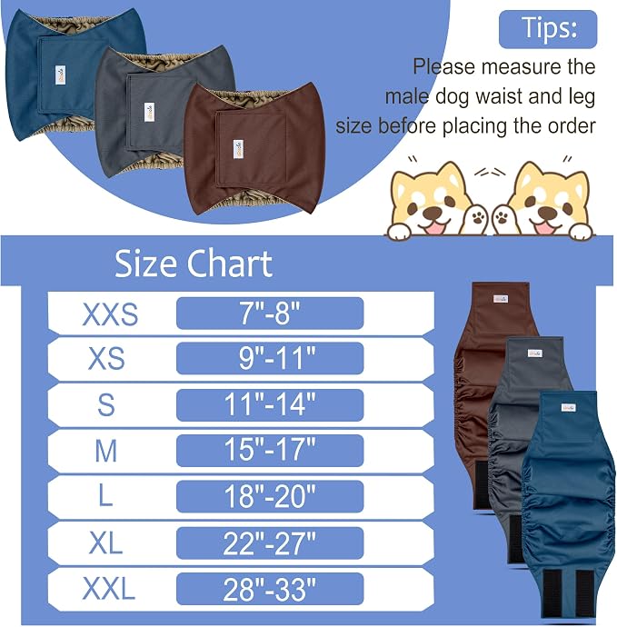 Reusable Dog Diapers Male 3Pcs, Premium Washable Belly Bands for Male Dogs XSmall, High Absorbing Male Dog Wraps for Doggie & Puppy in Incontinence, Excitable Urination and Training XS