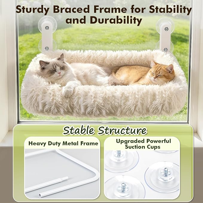 Zoratoo Cloud-Snuggle Cat Window Perch with 4-Sided Ultra-Thick & Fluffy Plush Cushion Bed, Foldable Cordless Cat Window Hammock for Window with Sturdy Metal Frame for Large Cats and Kittens (M,White)