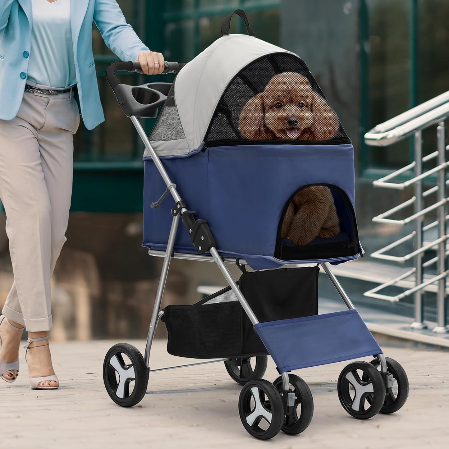 Magshion Foldable Pet Stroller, 3-in-1 Dog Travel Jogger with Detachable Carrier, Cup Holder, Storage Basket, Folding Carrier for Small/Medium Dogs & Cats Up to 33 lbs, Navy Blue