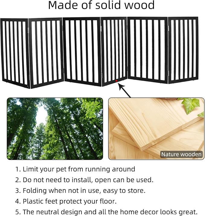 Dog Gate Indoor, Freestanding Dog Fence for The House, Doorways, Hallways,or Stairs,Pet Gate Foldable Wooden,Expandable 32" Height 6 Panels,Black