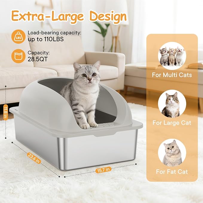 Extra Large Cat Litter Box with Lid, Stainless Steel Cat Litter Box with Scoop and Mat, High Walls for Anti-Urine Leakage, Easy Cleaning, Light Gray