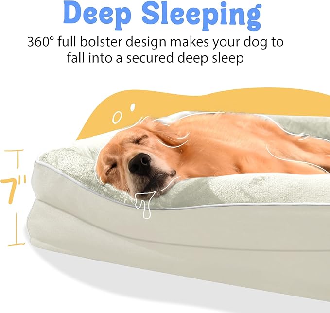 Chez Paw Orthopedic Dog Bed for Medium & Large Dogs, Waterproof Egg-Crate Foam Dog Bed with Removable Washable Cover, 4-Sided Bolster Support & Non-Slip Bottom,Beige 36"x27"x7"