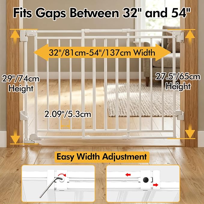 Extra Wide Baby Gate for Stairs Doorways & Kitchen, 32"-54" W x 29" H, No Bottom Bar Dog Gate, One-Handed Auto-Close, Hardware Mount Safety Gate for Dogs & Toddlers, White