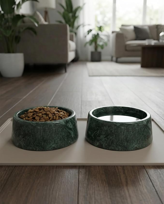 OOBOOB Natural Marble Dog Bowls, Heavy Non-Skid Dog Food Bowl & Dog Water Bowl with Unique Veining, Modern Stylish Pet Feeding Bowl for Small to Medium Dogs & Cats
