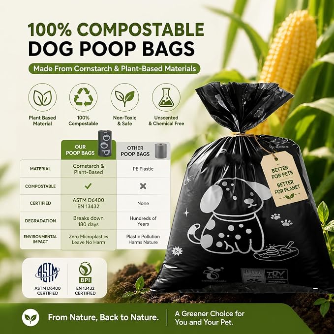 100% plant-based Dog Poop Bags Rolls, ASTM D6400 & EN 13432 Compliant, 120 waste bag including dispenser, 13 in × 9 in black poop bags for dogs, Super thick 100% leak proof