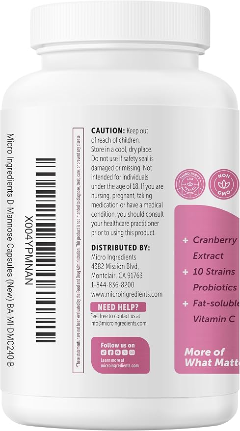 Micro Ingredients D Mannose 1,300mg Per Serving with Cranberry | 240 Veggie Capsules + Fat-Soluble Vitamin C & 1 Million CFU Probiotics Blend | Daily D Mannose Formula for Women | Filler Free, Non-GMO