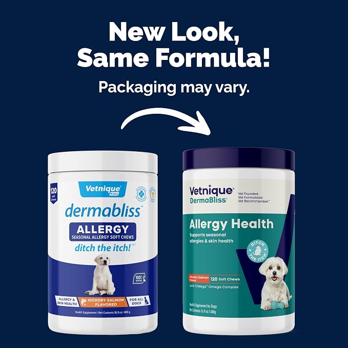 Vetnique Dermabliss Vet-Formulated Dog Allergy Chews for Seasonal Itch Relief, Skin, Coat & Gut Health, Omega 3 + Probiotic Anti-Itch Soft Chew Supplement for Dogs (120ct, Regular Strength Chews)