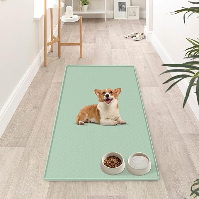 Dog Food Mat, Extra Large 51" x 25.6" Silicone Pet Feeding Mat with Raised Edge Pet Placemat for Small, Medium, and Large Pets Non-Slip, Easy to Clean (Green)