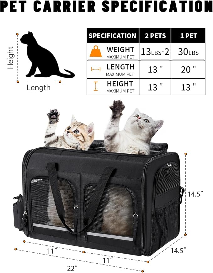 Cat Carrier for 2 Cats, Foldable Double Cat and Dog Carrier, Small to Medium Size, 2 Front Zippered Compartments,Two Pets Carrier for Outdoor Travel,Mulitple Cat Carrier (Black)