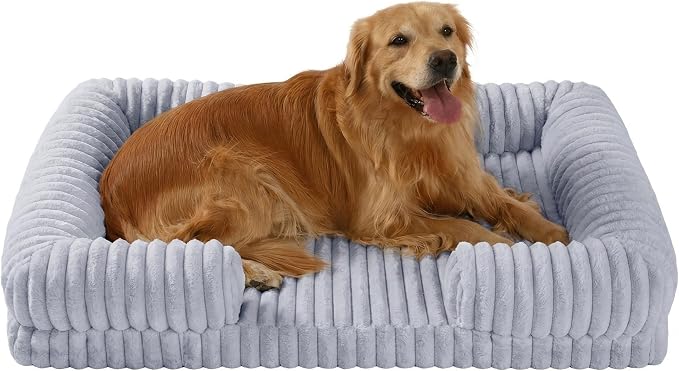 Orthopedic Dog Bed for Large Dogs, Removable Washable Cover & Waterproof Lining, Egg Support Foam with Stripe Faux Rabbit Fur, 47x32x3 Inches, Gray