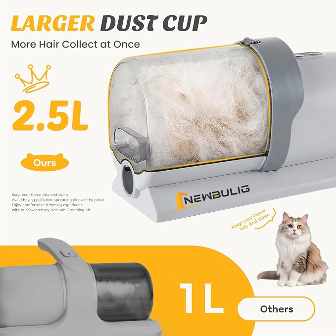 NEWBULIG Pet Grooming Vacuum Kit, 2.5L Dust Cup, 3 Suction Modes and 5 Groomer Tools, Dog Clippers with Cordless Low Noise for Cats, Dogs Other Animals Hair Trimmer