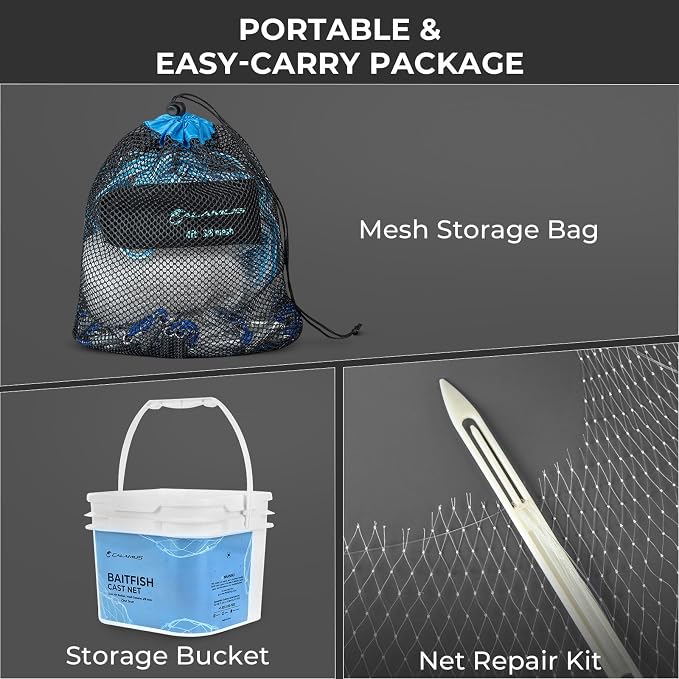 Calamus Cast Net 3/8" Mesh for Freshwater and Saltwater, 3ft-6ft Radius Casting Nets with Heavy-Duty Sinking Nylon Line, Mesh Storage Bag & Storage Bucket & Net Repair Kit