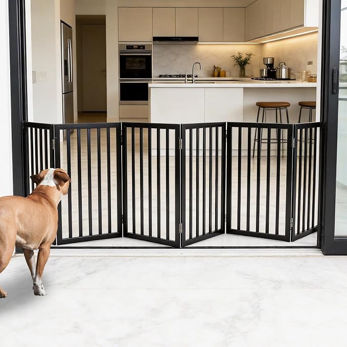 Dog Gate Indoor, Freestanding Dog Fence for The House, Doorways, Hallways,or Stairs,Pet Gate Foldable Wooden,Expandable 32" Height 6 Panels,Black