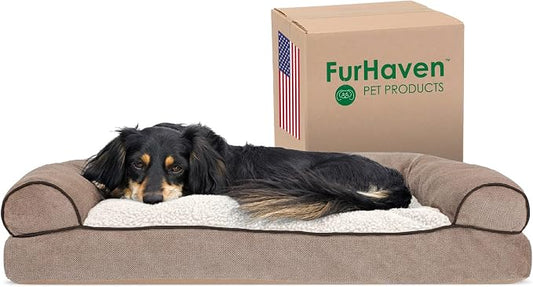 Furhaven Pillow Dog Bed for Medium/Small Dogs w/ Removable Bolsters & Washable Cover - Sherpa & Chenille Sofa - Cream, Medium